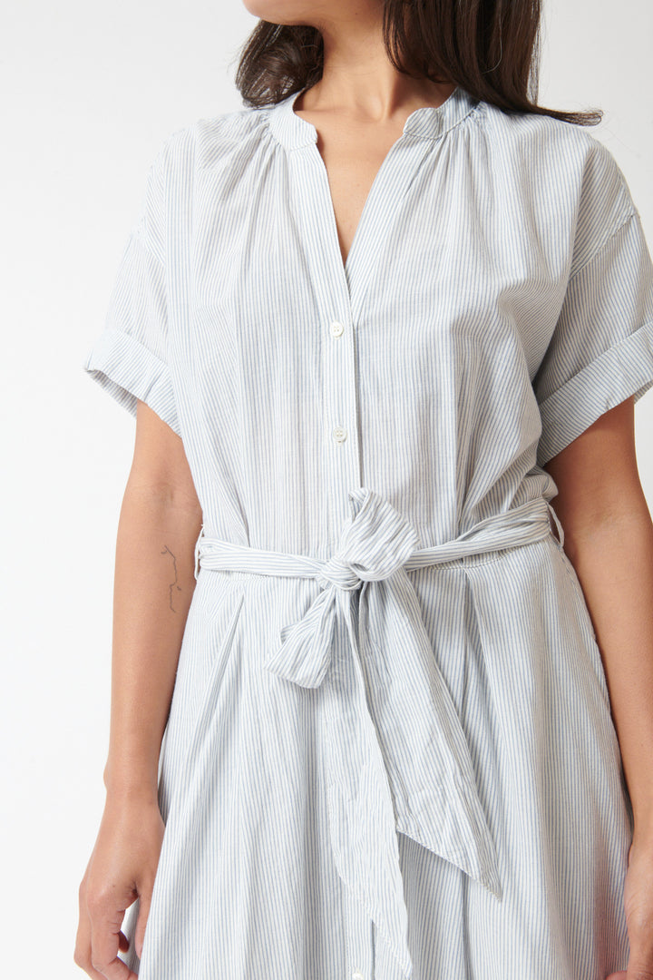 Amanda wearing Xirena Cate Dress Windward Stripe front/detail view