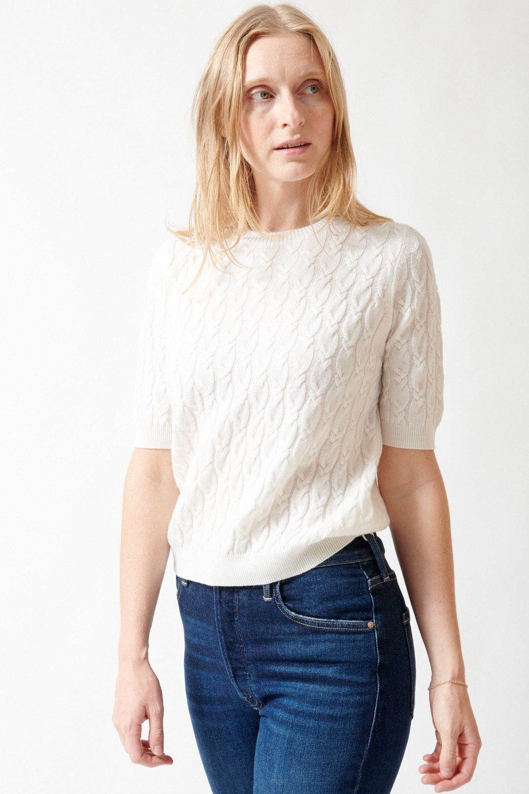 Madi wearing Allude Half Sleeve Dierdre Sweater front view