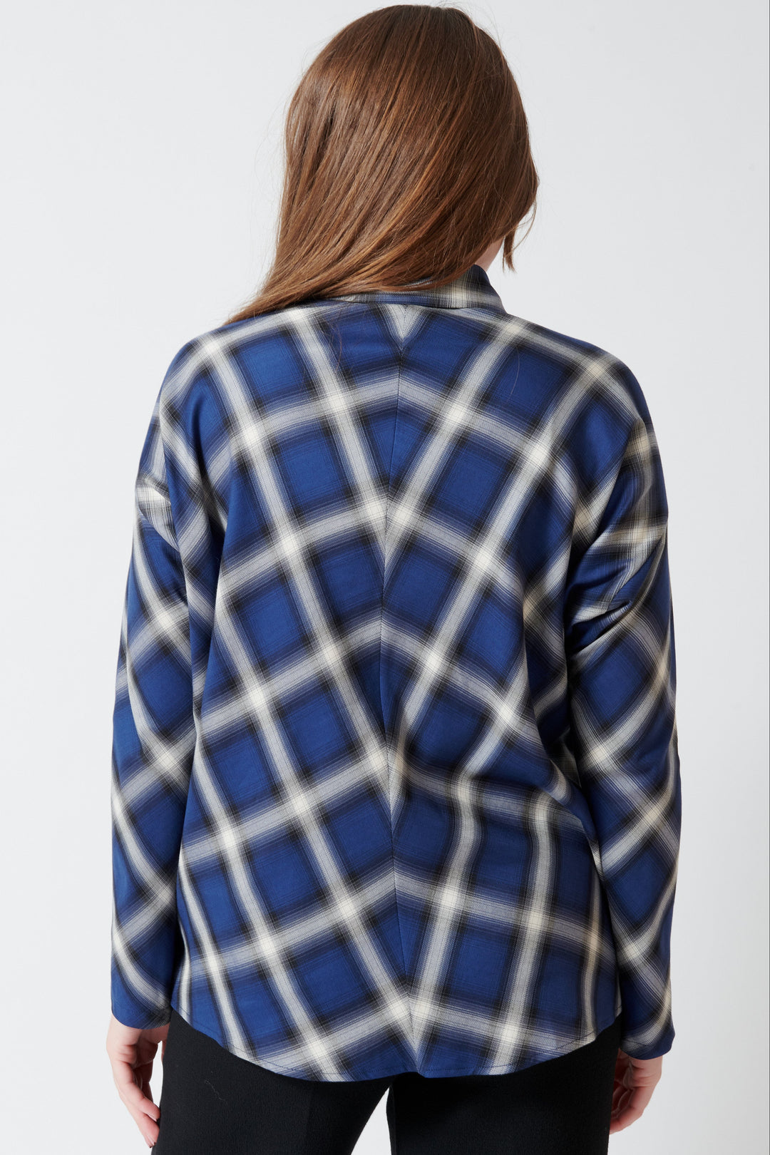 Model wearing Zero + Maria Cornejo City Plaid Manu Shirt rear view