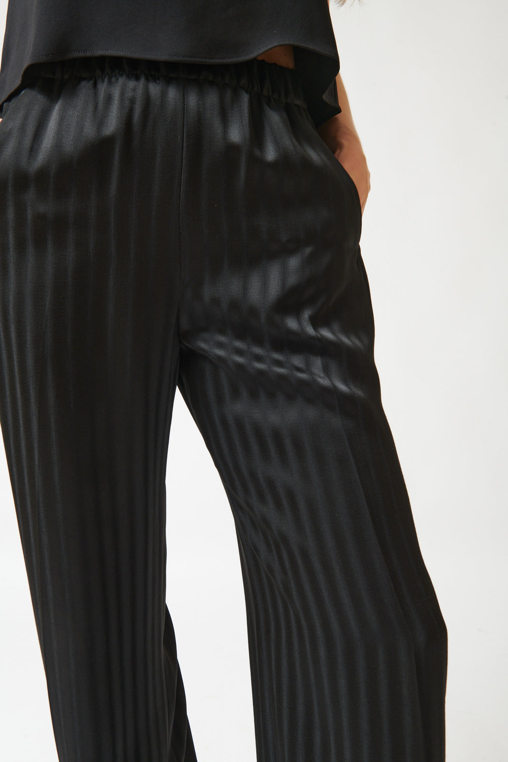 Mari wearing Zero + Maria Cornejo Kati Blur Stripe Pant Black front detail view