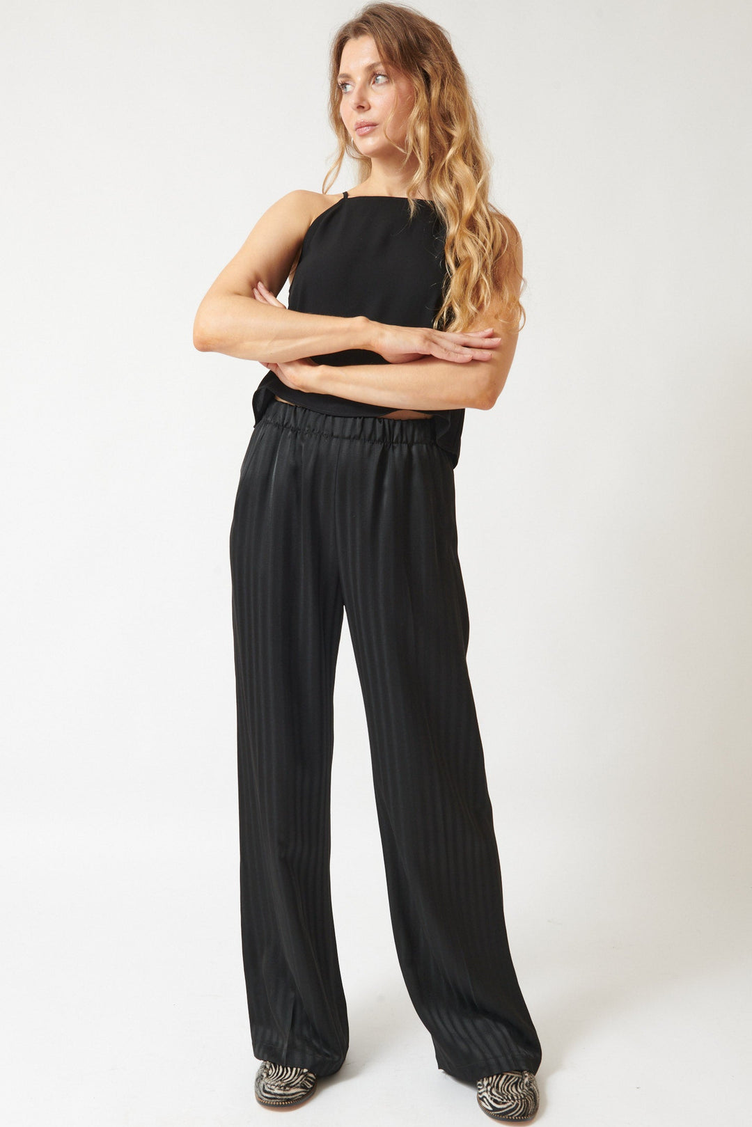 Mari wearing Zero + Maria Cornejo Kati Blur Stripe Pant Black front view