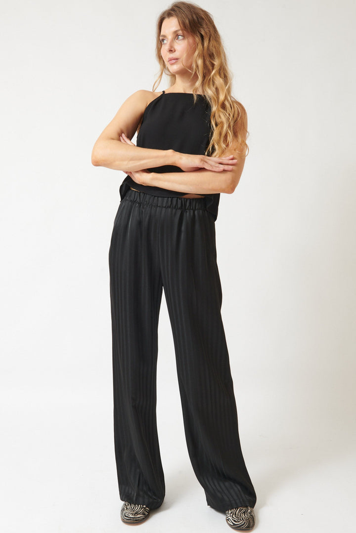 Mari wearing Zero + Maria Cornejo Kati Blur Stripe Pant Black front view