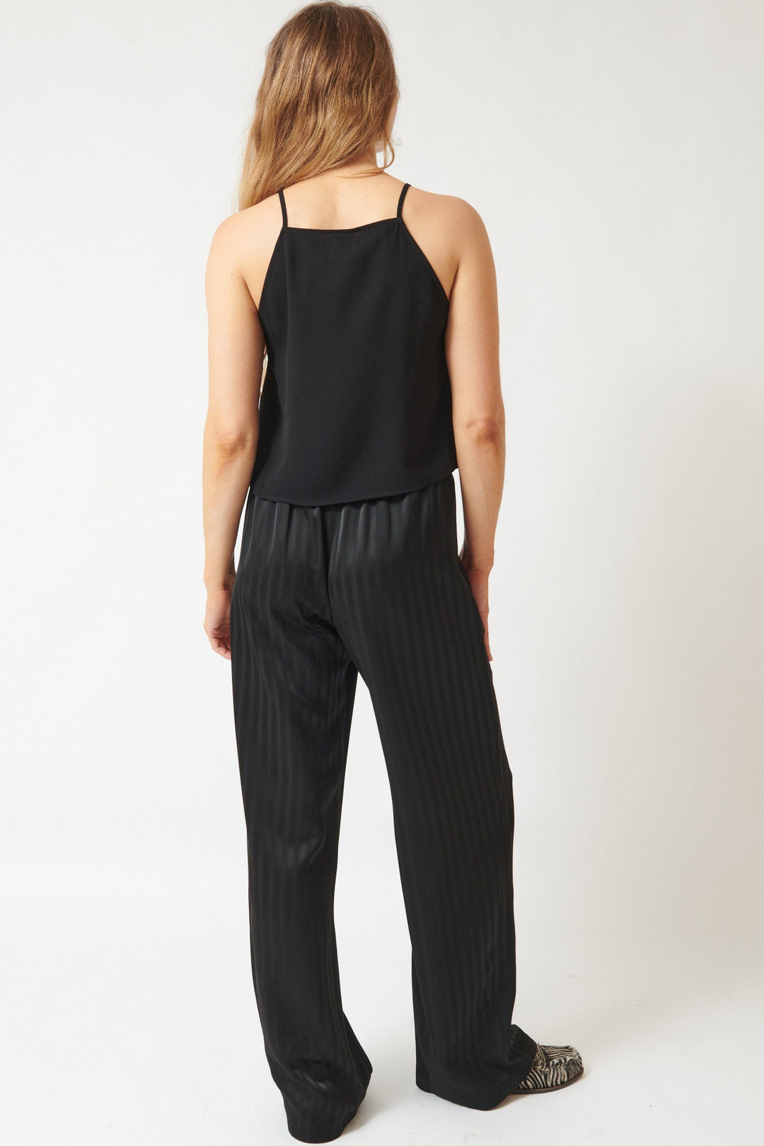 Mari wearing Zero + Maria Cornejo Kati Blur Stripe Pant Black rear view