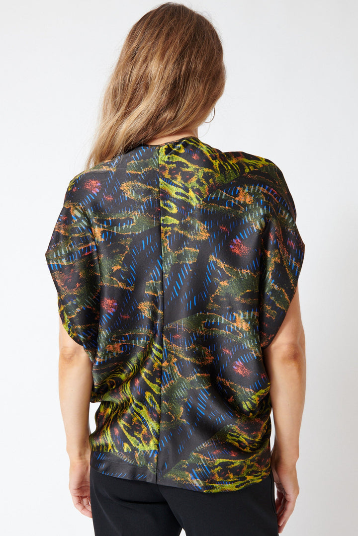 Mari wearing Zero + Maria Cornejo Kio Silk Chaos Print Top Black Multi rear view