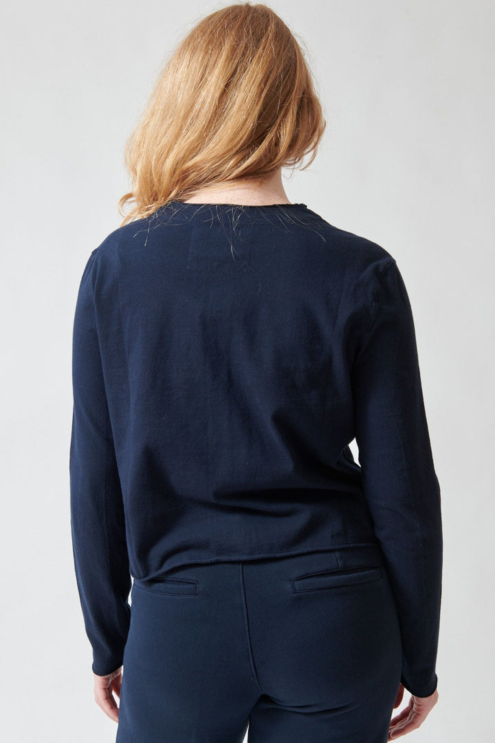 Waverly wearing Frank & Eileen Jackie T Shirt Cardigan Classic Navy rear view