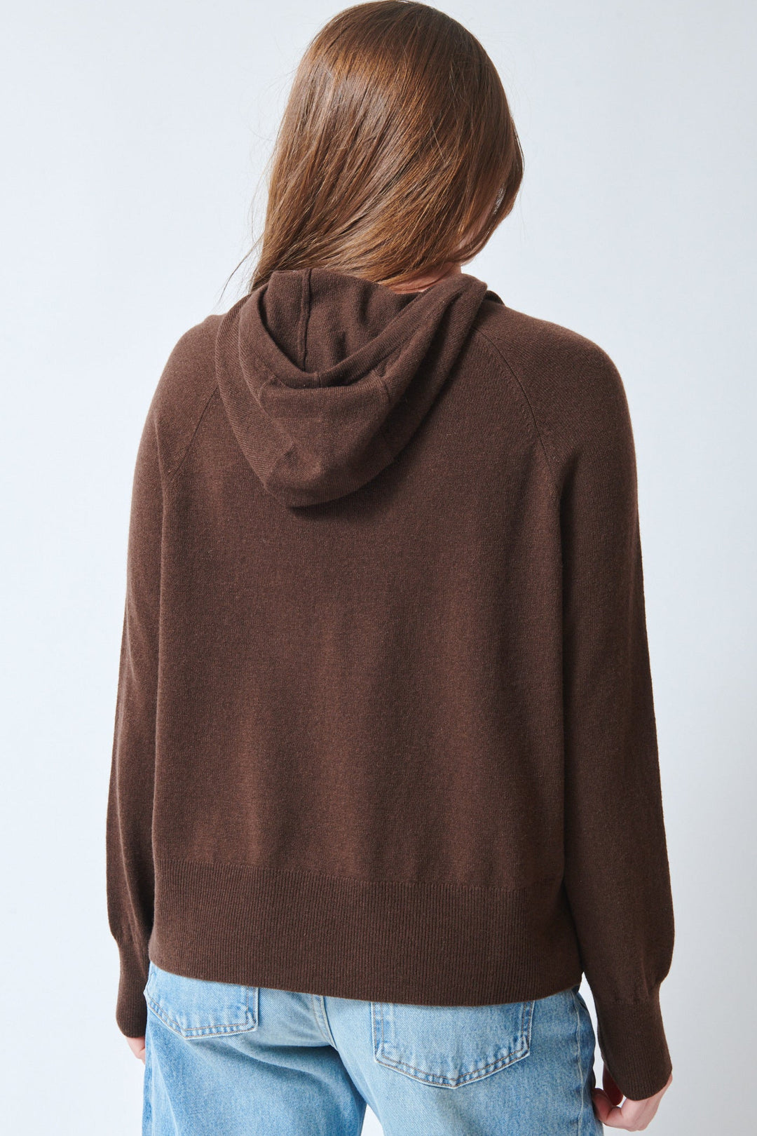 Julia wearing Allude Cashmere Long Sleeve Hoodie Sweater Cozy Tavern rear view