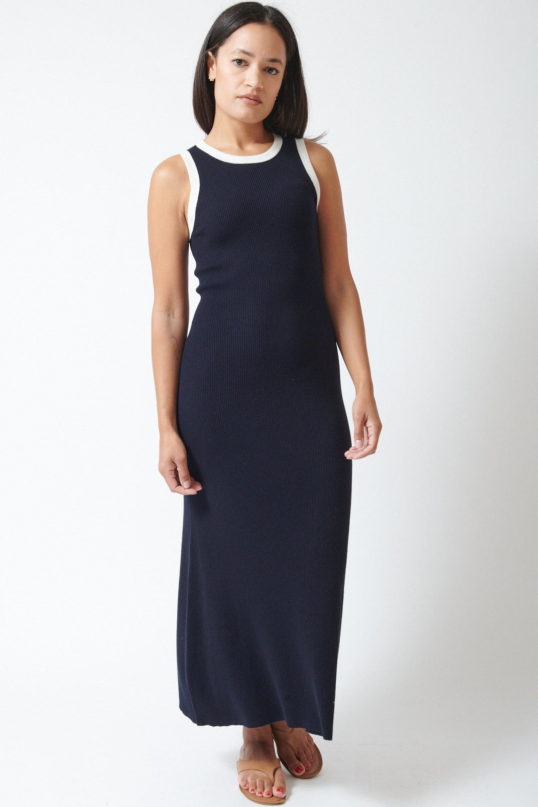 Amanda wearing Allude Touch On Cotton Silk Cashmere Ringer Dress Deep Night Fleur de Sel front view