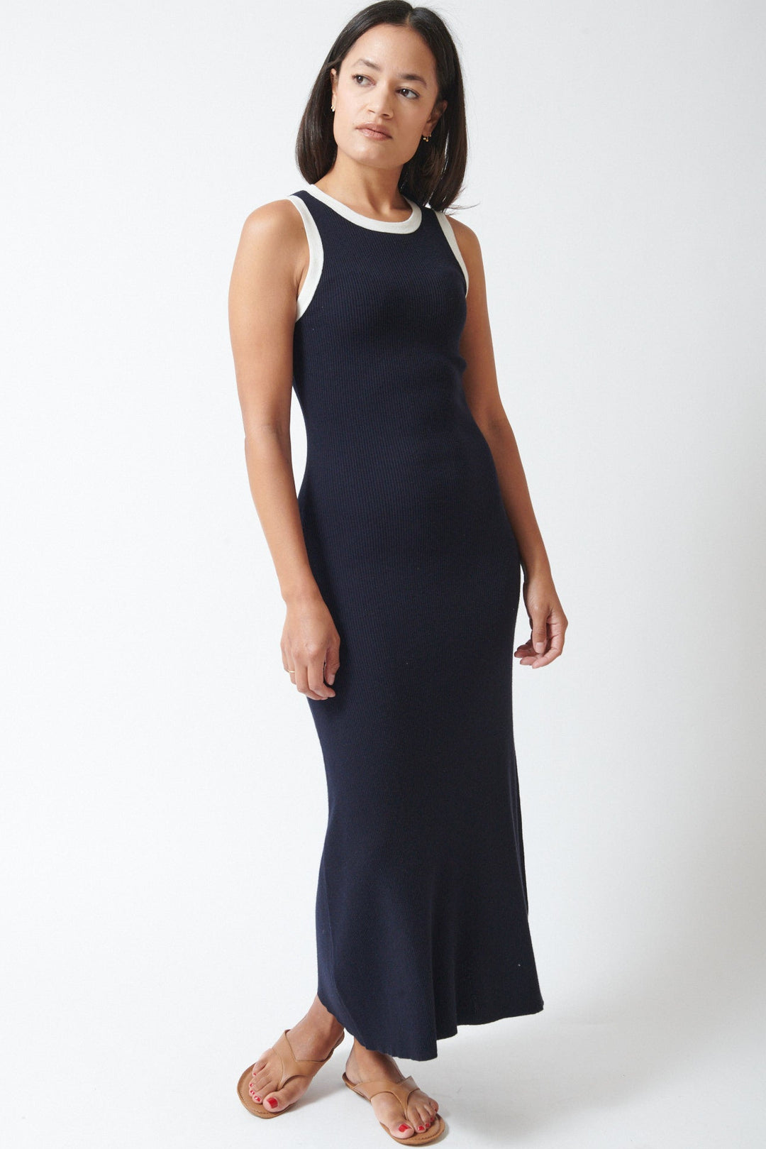 Amanda wearing Allude Touch On Cotton Silk Cashmere Ringer Dress Deep Night Fleur de Sel front view