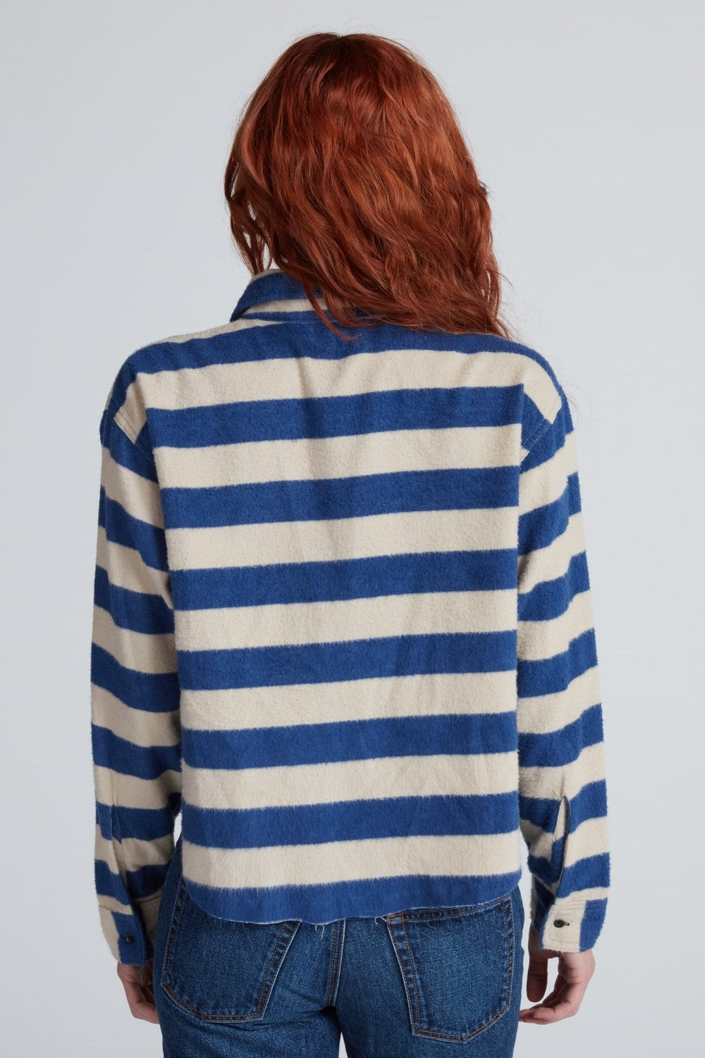 ASKK NY Crosby Cropped Flannel Shirt in Blue Stripe — back view