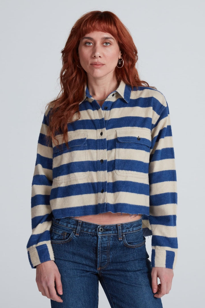 ASKK NY Crosby Cropped Flannel Shirt in Blue Stripe — front view