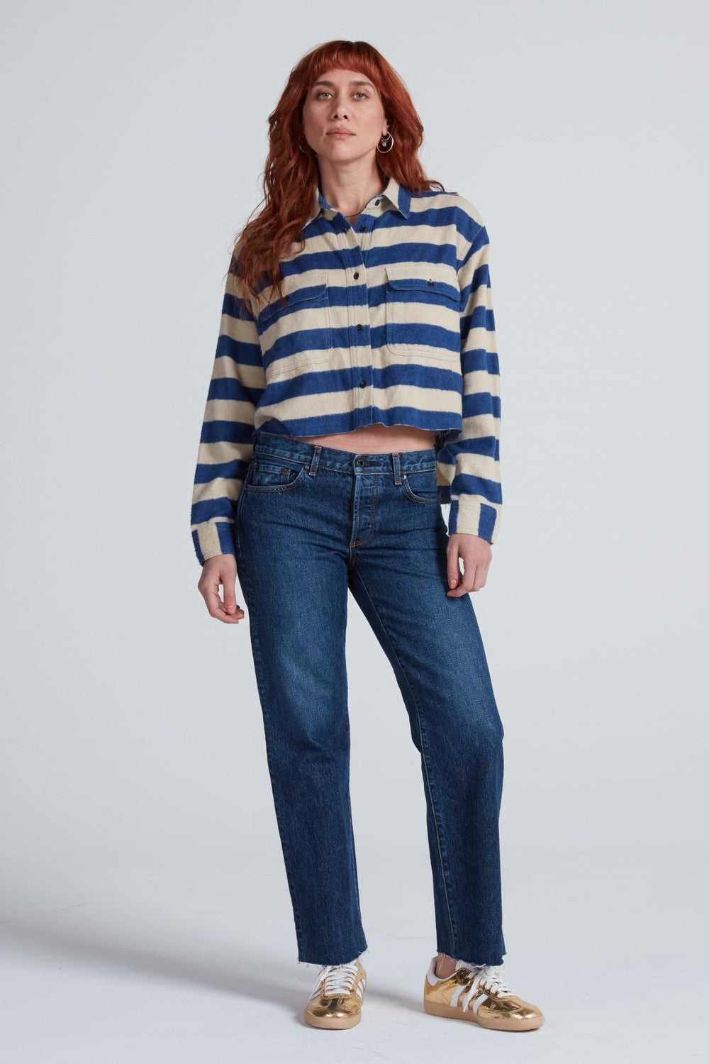 ASKK NY Crosby Cropped Flannel Shirt in Blue Stripe — styled