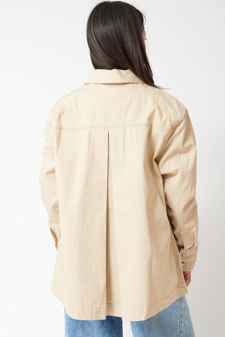 Amanda wearing ATM Interior Waist Toggle Jacket With Backside Inverted Pleat Macadamia M rear view