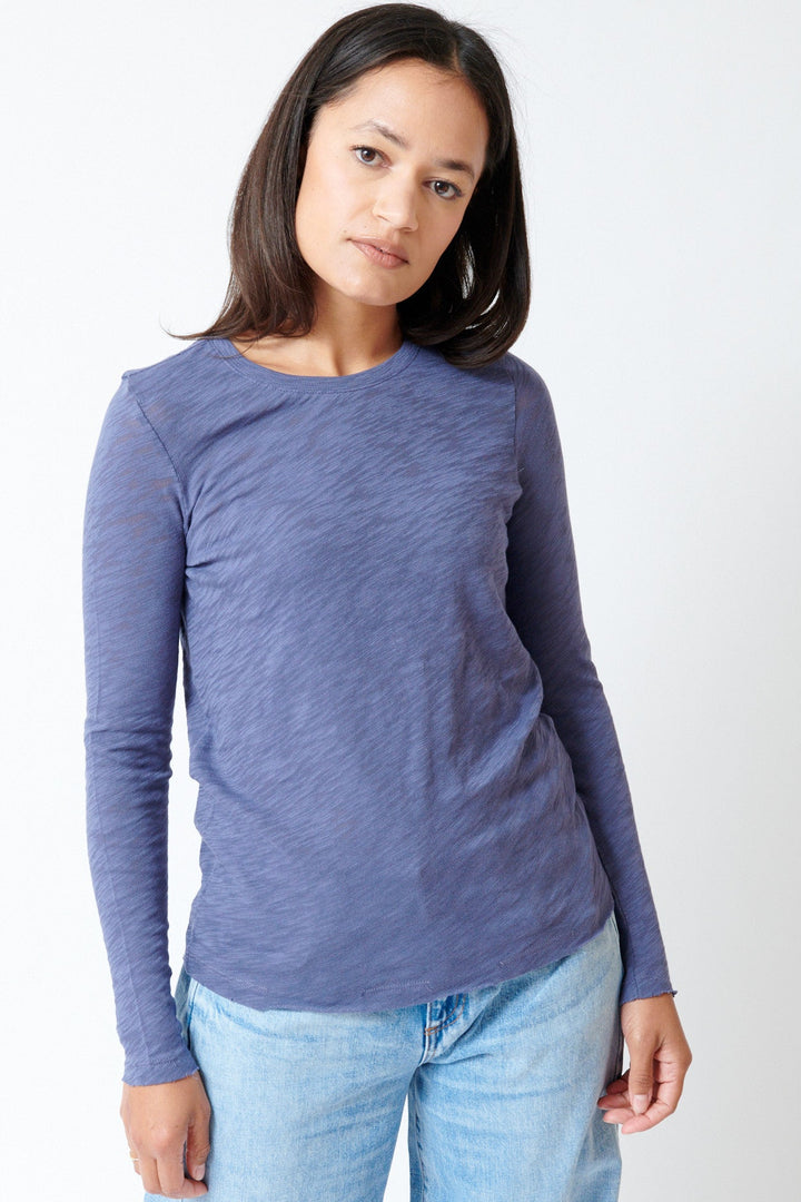 Amanda wearing ATM Anthony Thomas Melillo Long Sleeve Cotton Slub Destroyed Tee Dusk Blue front view