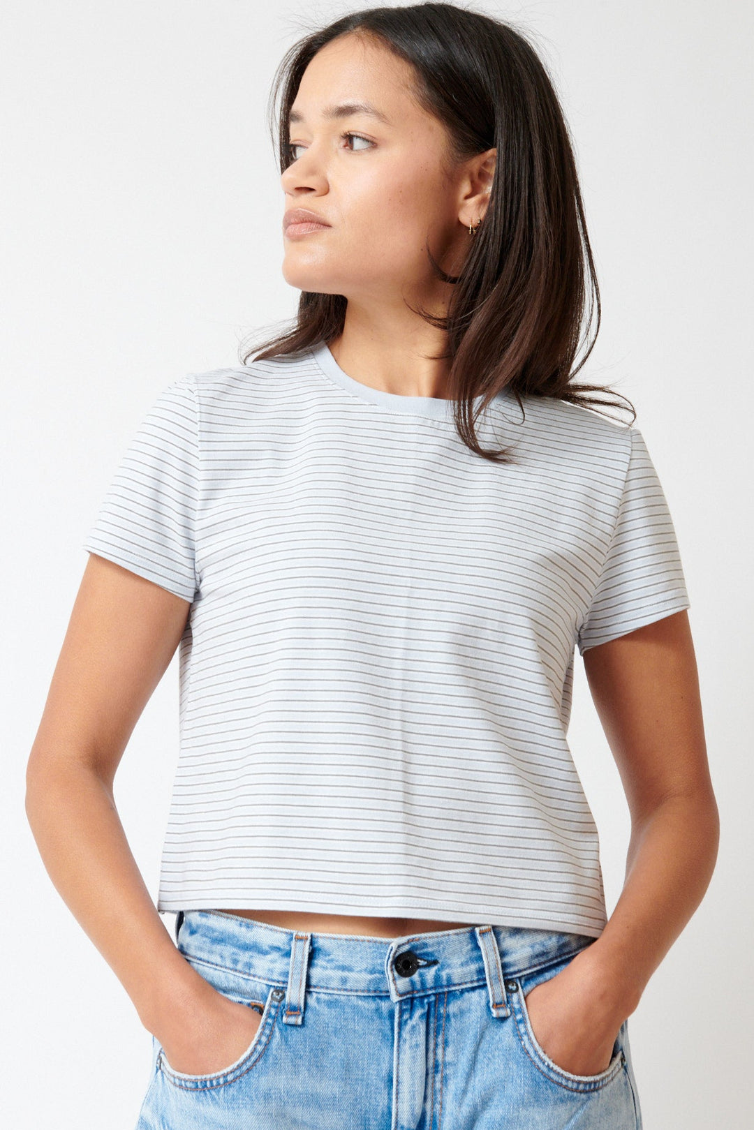 Amanda wearing ATM Anthony Thomas Melillo Yarn Dye Stripe Baby Tee Cool Water Multi front view