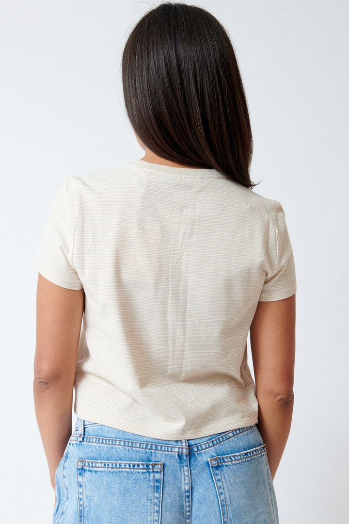 Amanda wearing ATM Anthony Thomas Melillo Yarn Dye Stripe Baby Tee Macadamia Multi rear view