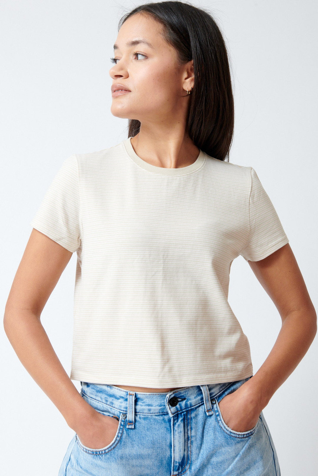 Amanda wearing ATM Anthony Thomas Melillo Yarn Dye Stripe Baby Tee Macadamia Multi front view