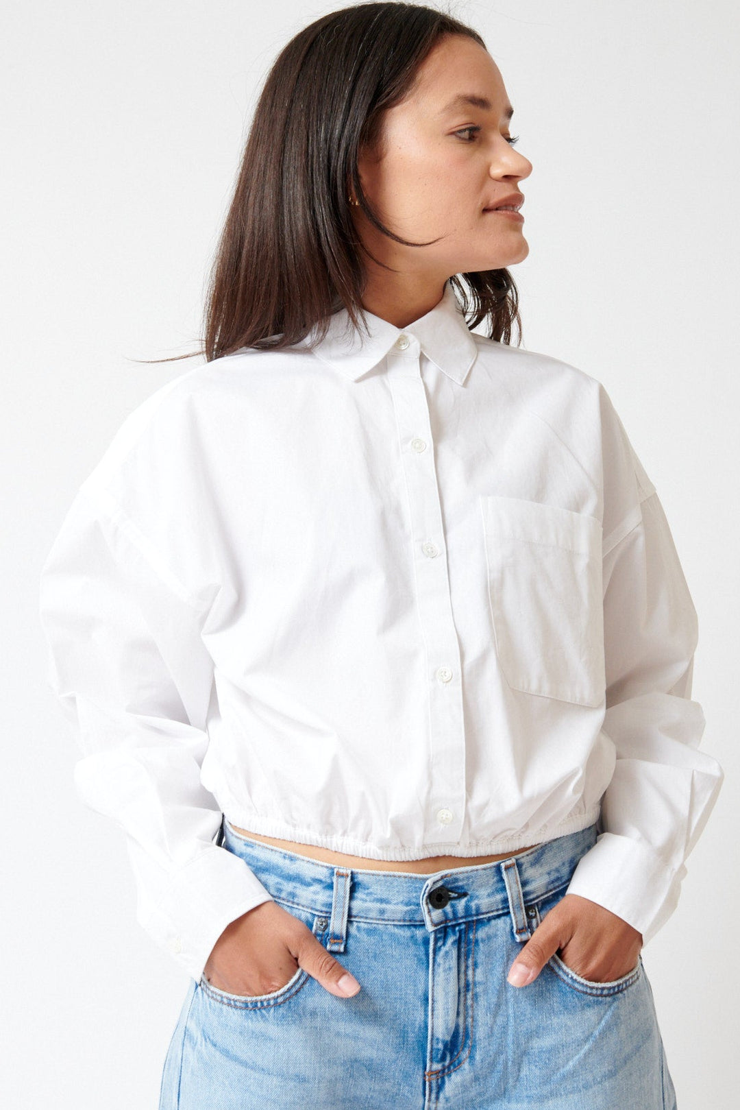 Amanda wearing ATM Anthony Thomas Melillo Cinched Waist Shirt White front view