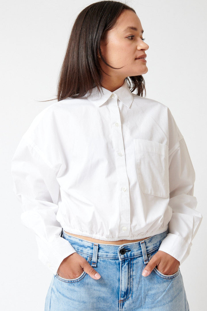 Amanda wearing ATM Anthony Thomas Melillo Cinched Waist Shirt White front view