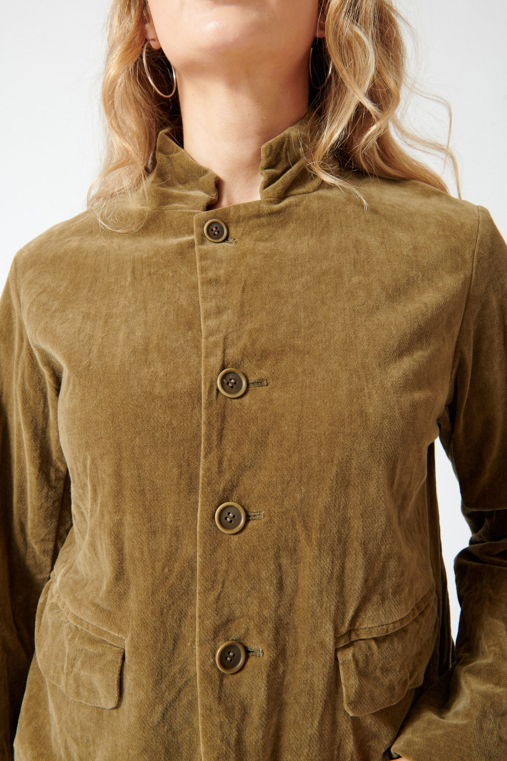 Mari wearing Pas de Calais Brushed Cotton Tailored Jacket Khaki front detail view