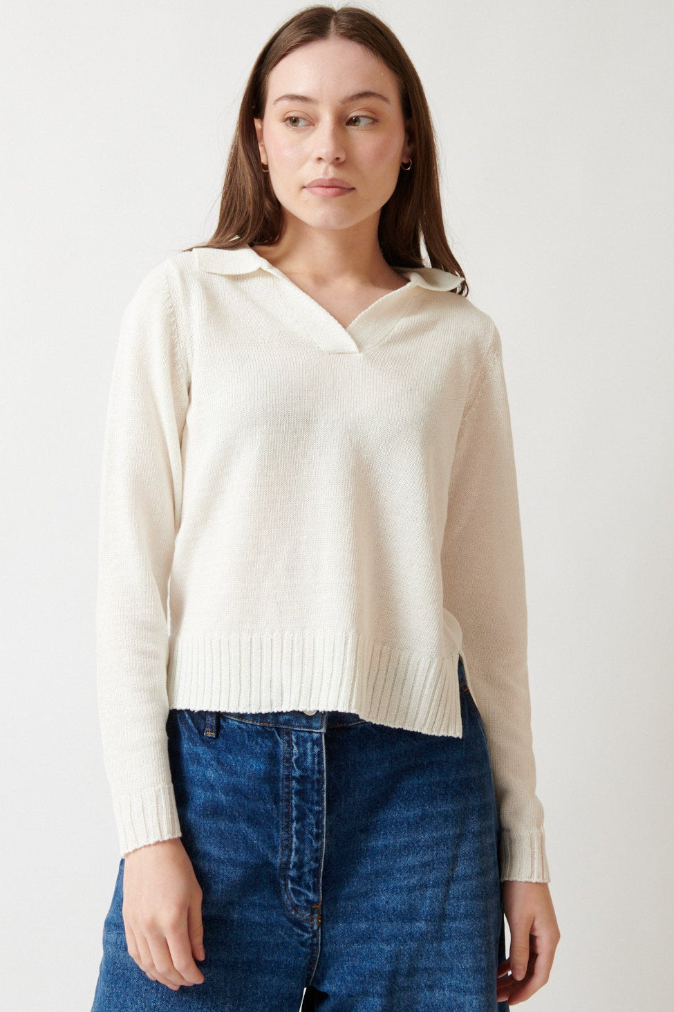 Angela wearing Base Linen Cotton Knit Polo Pullover front view