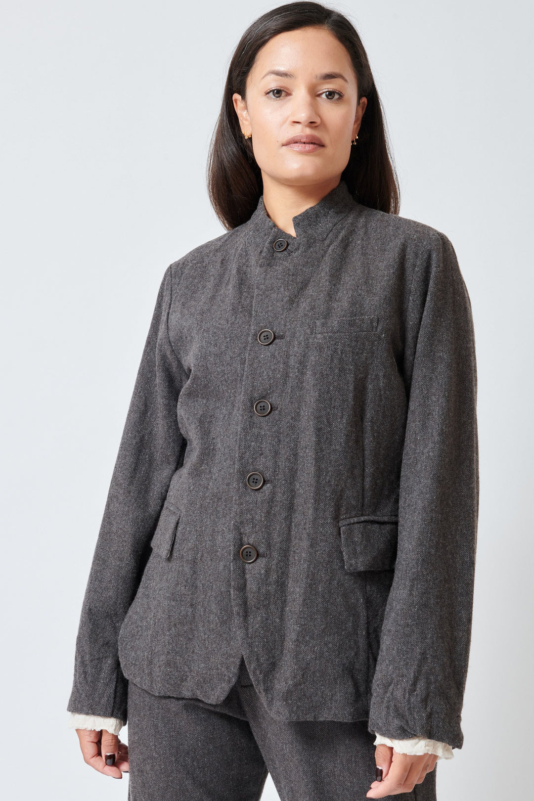 Model wearing Pas de Calais Eco Wool Premium Tweed Tailored Jacket front view