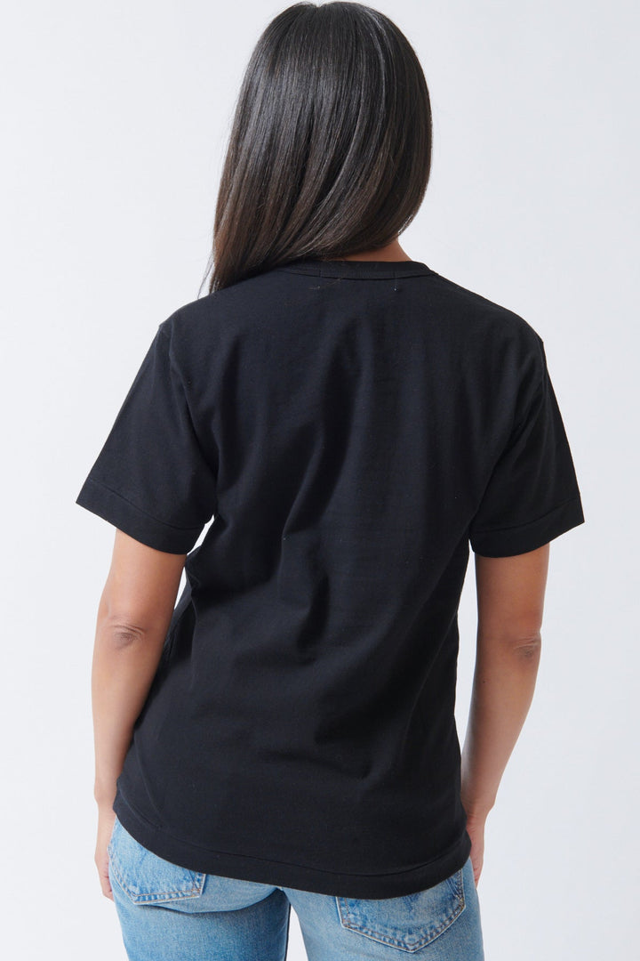 Amanda wearing Comme des Garçons PLAY Black Emblem T Shirt Black Black Heart rear view
