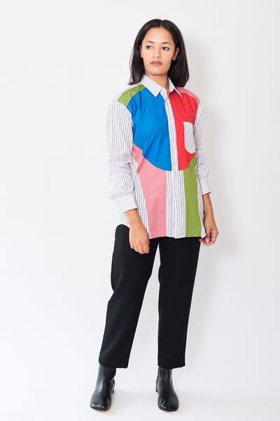 Front of Comme des Garçons PLAY Mens Woven Striped Colorblock Shirt on a model