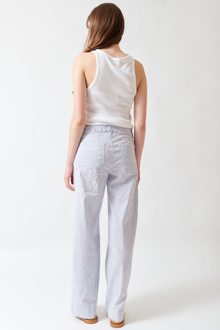 Angela wearing Frank & Eileen Limerick Wrap Pocket Pant Navy White Stripe rear view