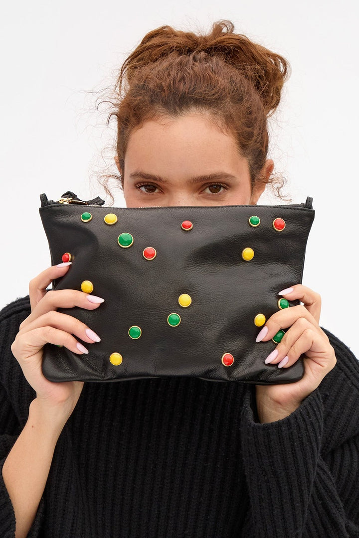 Clare V. Flat Clutch With Tabs, Black Paraffine w/ Bonbon Studs — Grethen House