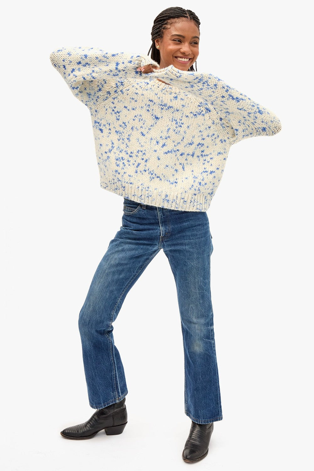 Clare V. Le Court Sweater, Cream/Cobalt Speckle — Grethen House