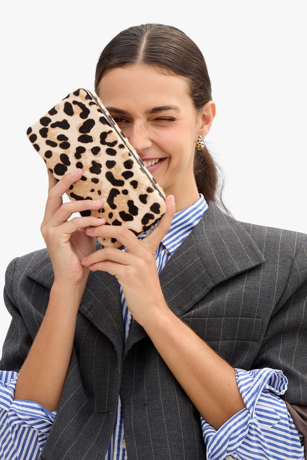 Clare V. Le Tabac Clutch, Snow Leopard Hair-On Cream/Black — Grethen House