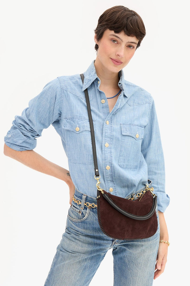 Clare V. Petit Moyen Messenger, Truffle Suede w/ Whipstitch — Grethen House