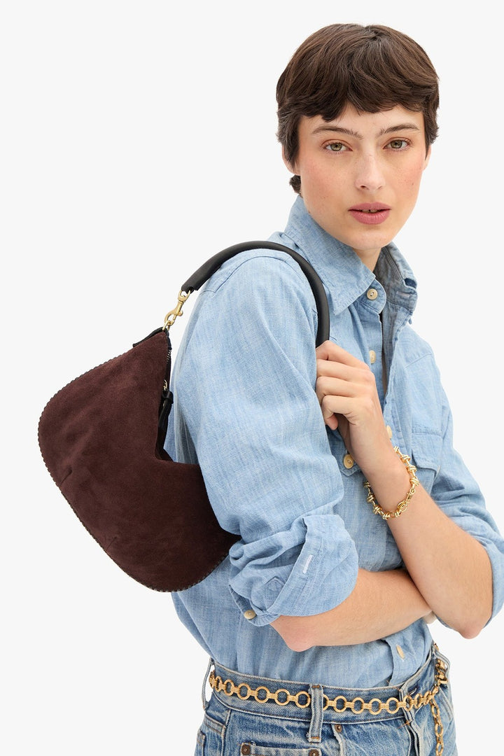 Clare V. Petit Moyen Messenger, Truffle Suede w/ Whipstitch — Grethen House