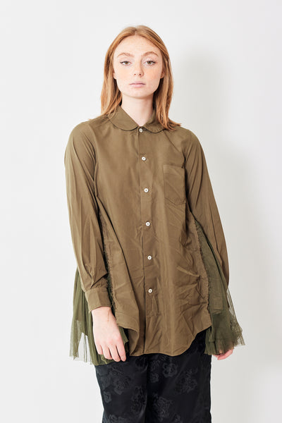Front of  Peter Pan Split Sides Detail Shirt Army on model.