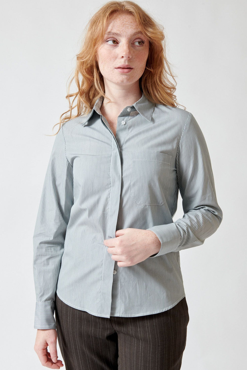 Waverly wearing TWP Cowboy Update Shirt front view