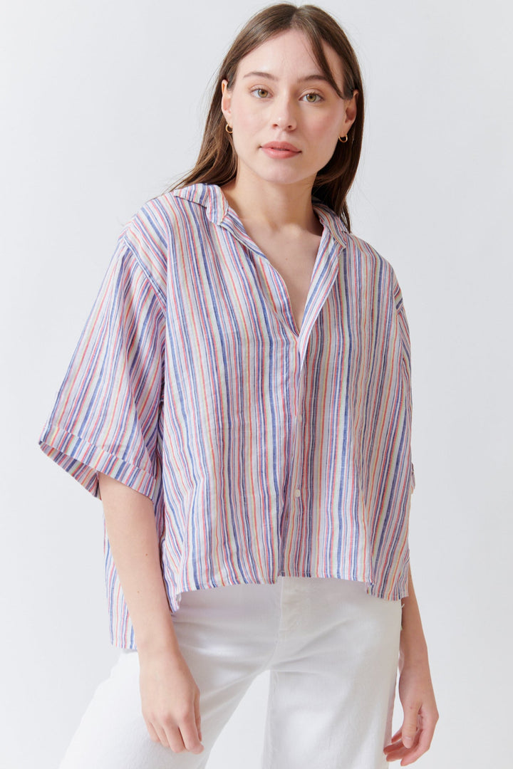 Angela wearing Frank & Eileen Rosie Short Sleeve Button Up Shirt Red Green Navy Multistripe front view