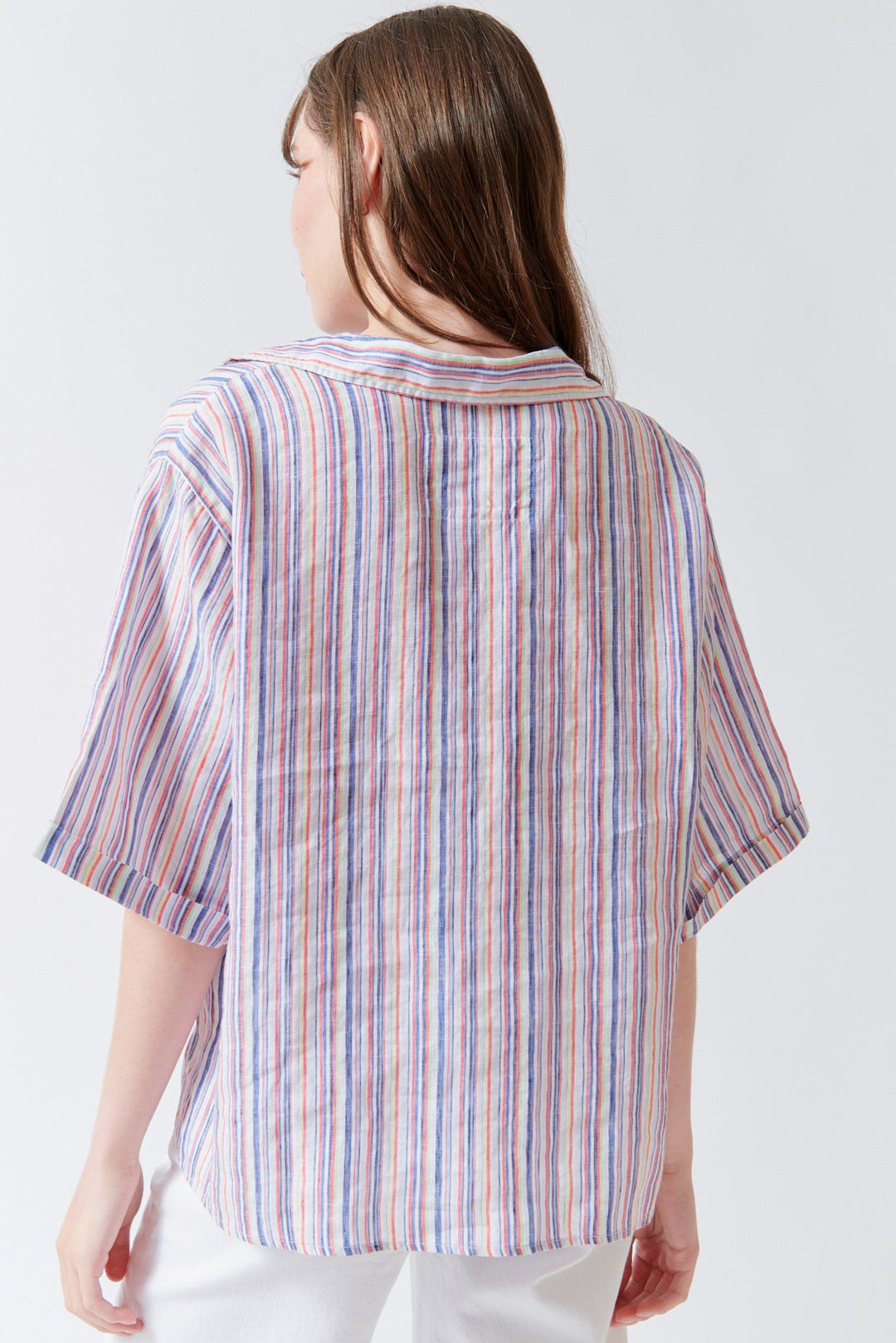 Angela wearing Frank & Eileen Rosie Short Sleeve Button Up Shirt Red Green Navy Multistripe rear view