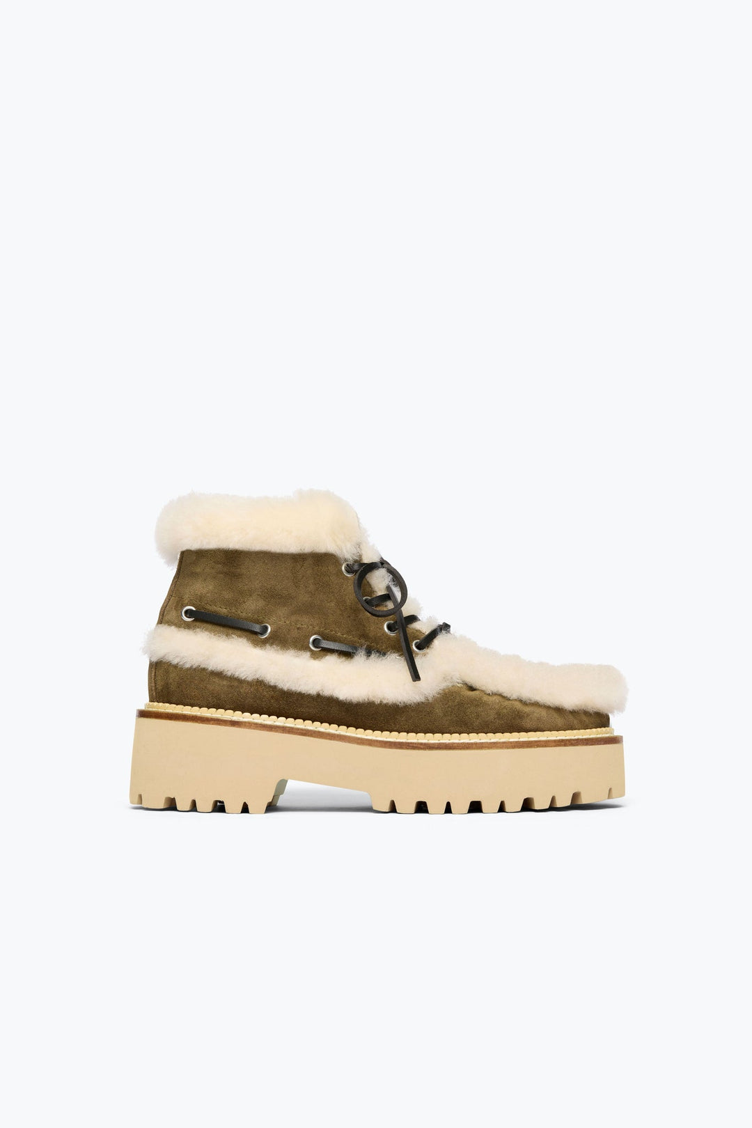 Frēda Salvador Dakota Shearling Lug Lace Up Ankle Boot, Moss Suede With Shearling — Grethen House