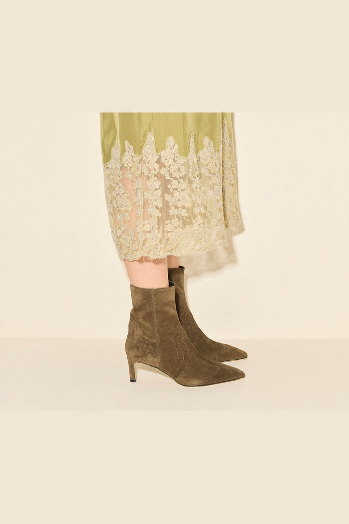 Frēda Salvador Shaina Pointed Toe Mid Shaft Boot, Moss Suede — Grethen House