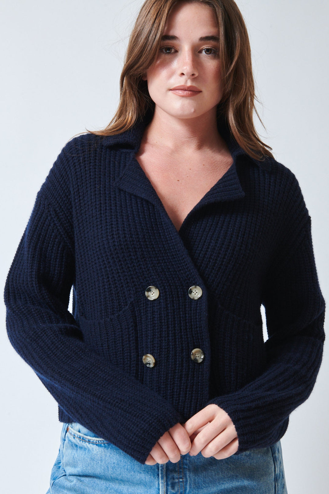 Julia wearing Allude Touch On Cotton Cashmere DB Cardigan Deep Night front view