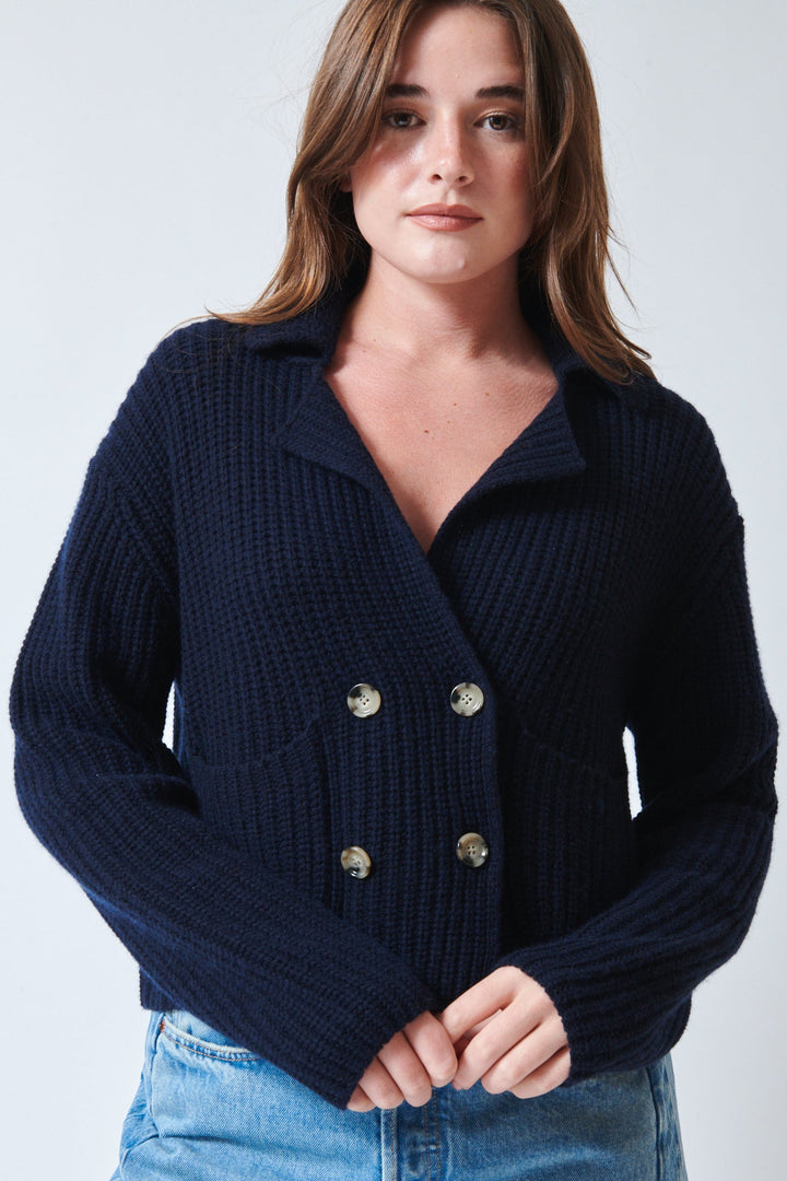 Julia wearing Allude Touch On Cotton Cashmere DB Cardigan Deep Night front view