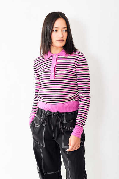 Front of Cashmere Mix Striped Long Sleeve Polo Multicolour on model. 