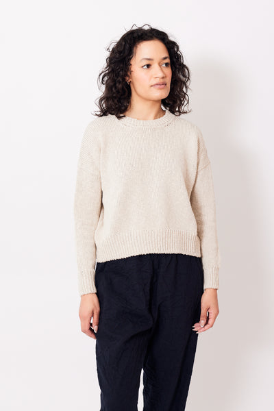 Amanda wearing Base Cropped Cotton Flax Crew Sweater front view