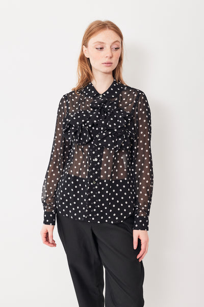 Waverly wearing Comme des Garçons Sheer Polka Dot Bow Trio Blouse front view