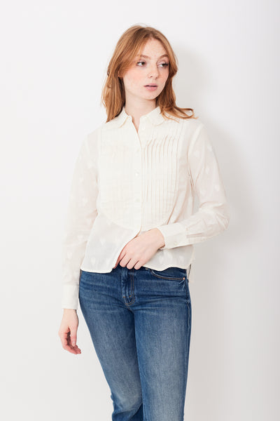 Waverly wearing Clare V. Anette Tuxedo Shirt front view