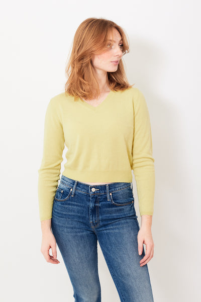 Waverly wearing Allude Cropped Cashmere V Sweater front view