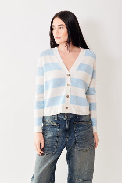 Julia wearing Allude Striped 4 Button V Cardigan front view