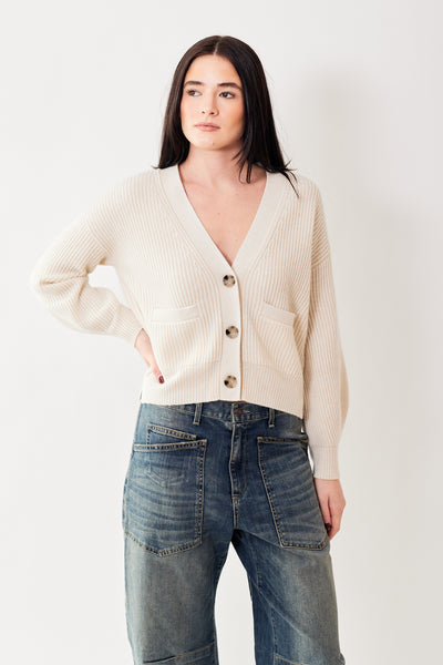 Julia wearing Allude Three Button V Cardigan With Pockets front view