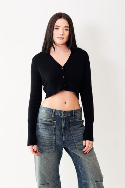 Julia wearing Allude Cropped Cashmere V Cardigan front view
