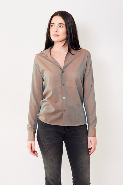 Julia wearing 6397 Sheer Buttondown Shirt front view
